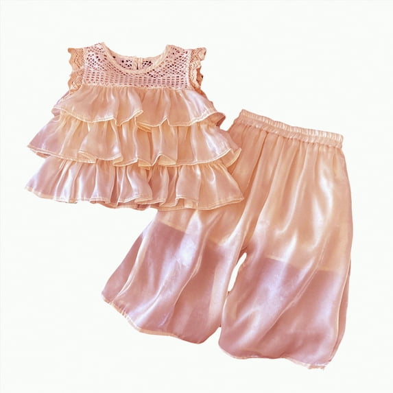 TAmten Girl Summer Clothes Cute Ruffle Tops Dress Shorts Outfits Set Toddler Shirt Shorts Princess Outfit(Pink,5-6 Years)