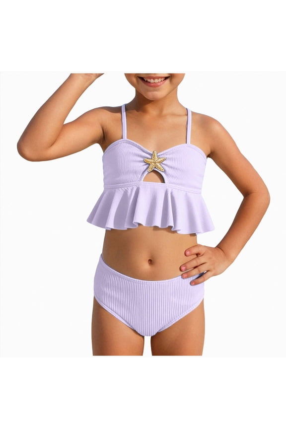 Girl Swimsuits Teen Girls Swimsuits V-Neck Bikini Set Bathing Suits Cross Straps Two Piece Swimwear with Drawstring Light Purple Size 5-6 Years
