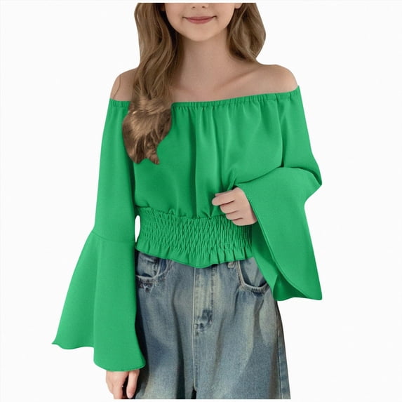 TAmten Girls Blouse Trumpet Sleeve Tops Summer Trendy Solid Boho Tunic Shirts Off Shoulder Size 11-12 Years