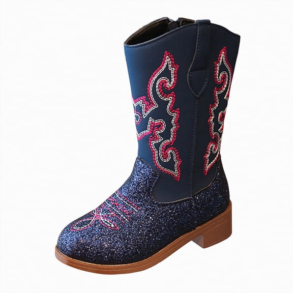 TAmten Girls Boots Mid Calf Pointed Toe Side Zipper Classic Embroidered Western Boots Horse Riding Shoes Cowgirl Boots for Little Girls(Blue,11.5)