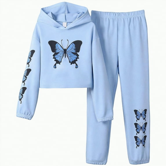 TAmten Girls' Clothing Set Butterfly Print Crop Top Hoodies Sweatpants 2 Piece Outfits Kids Sweatsuit Tracksuit Jogger Set(Light Blue,7-8 Years)