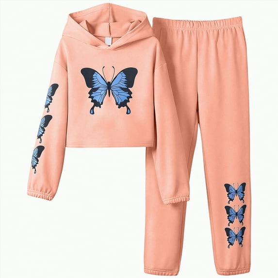 TAmten Girls' Clothing Set Butterfly Print Crop Top Hoodies Sweatpants 2 Piece Outfits Kids Sweatsuit Tracksuit Jogger Set(Pink,7-8 Years)