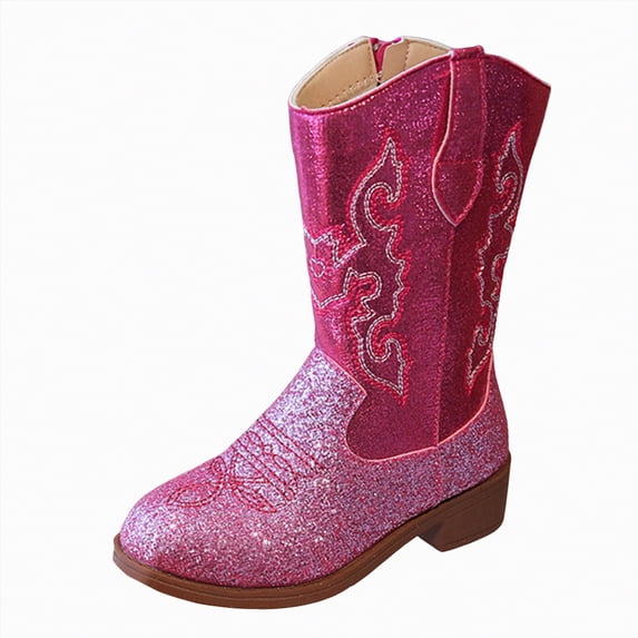 TAmten Girls Cowboy Boots Mid Calf Pointed Toe Side Zipper Classic Embroidered Western Boots Horse Riding Shoes Black Boots for Girls(Pink,13)