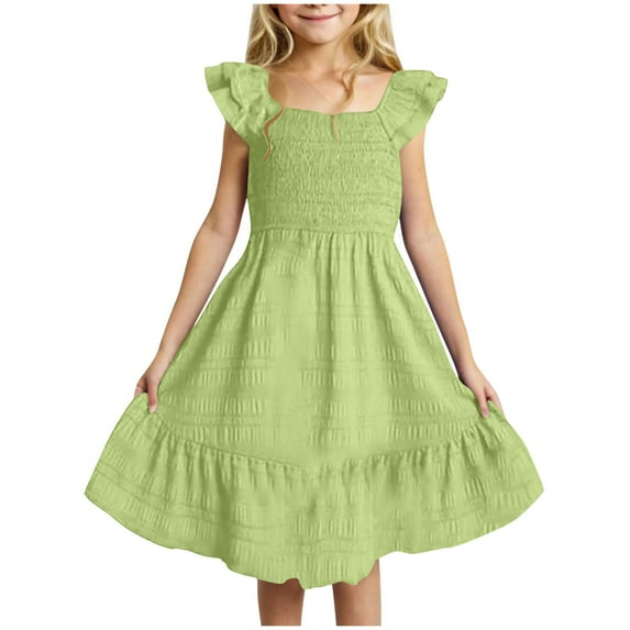 TAmten Girls Formal Dress Teen Girls Summer Dresses Smocked Sleeveless Flowy Dress for Girls(Green,3-4 Years)