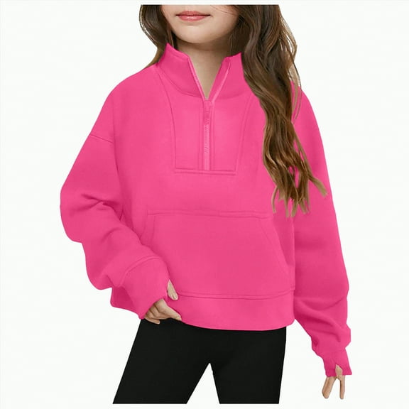 TAmten Girls Half Zip Sweatshirt Long Sleeve Pullover Crop Tops Kids Lightweight Fashion Winter Clothes(Hot Pink,9-10 Years)