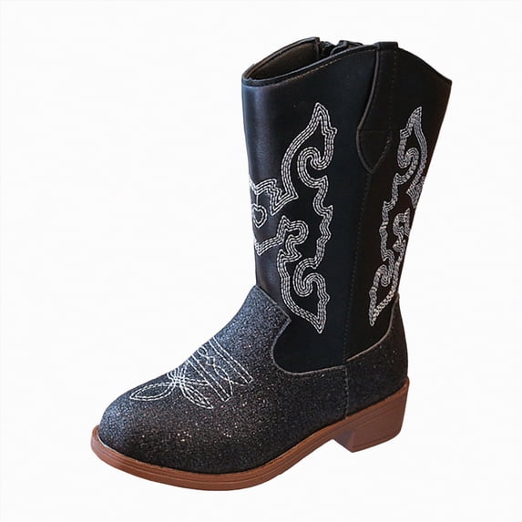 TAmten Girls Hiking Winter Boot Embroidered Cowgirl Cowboy Boots Girls Mid Calf Riding Shoes Little Kid/Big Kid Western Boots for Toddler/Little Kid/Big Kid(Black,13.5)