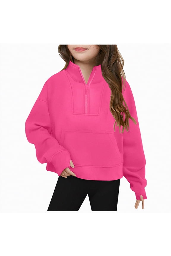 Girls' Hoodies Sweatshirts Half Zipper Pullover Crop Tops for Teen Girls Long Sleeve Sweater(Hot Pink,5-6 Years)