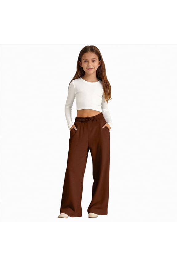 Girls Oversized Wide Leg Sweatpants Kids Baggy Sweat Pants for Girls Drawstring Waist Straight Leg Joggers with Pockets|Brown 7-8 Years