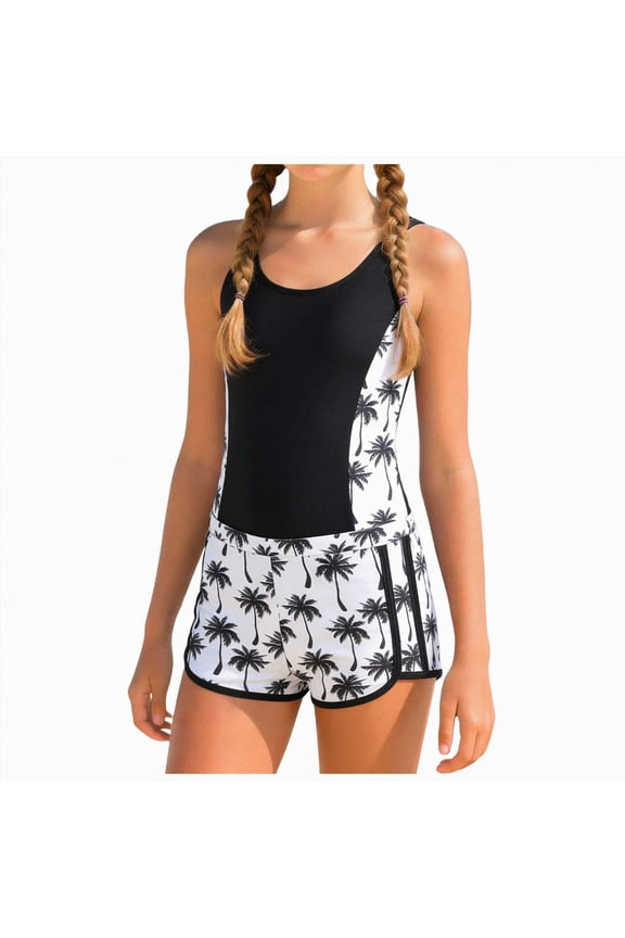 Girls' Swimsuit with Shorts for Tweens Floral Swimwear Bathing Suit for Young Girls(Black,12-13 Years)