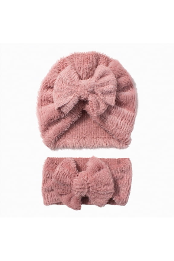 Headbands for Girls Newborn Baby Girls Plush Headbands Hairbands Hair Bow + Baby Hats Plush Beanie Infant Big Bow Hats Elastics 2PC(Pink,One Size)