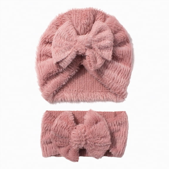 TAmten Headbands for Girls Newborn Baby Girls Plush Headbands Hairbands Hair Bow + Baby Hats Plush Beanie Infant Big Bow Hats Elastics 2PC(Pink,One Size)