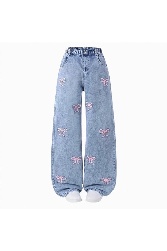 Jeans for Kids Girls 7T 8T 9T 10T 11T 12T 13T Girls Jeans Cute Heart Bow Print Jeans High Elastic Waisted Denim Trousers Kids Casual Streetwear Wide Leg Baggy Jean Size 14-15 Years