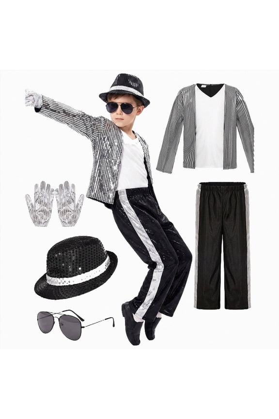 Kids 80s 90s Outfit 5pc, Dance Party Outfit Jacket + Pants+ Hat + Glasses + Gloves Size 10-12 Years,Silver