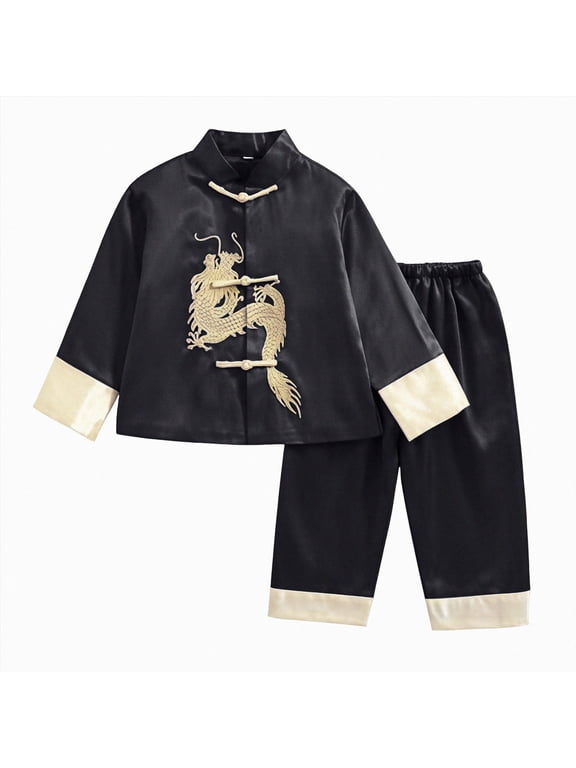 Little Boy Girls Outfits Size 6-7 Years Tang Style Party Suit Traditional Sets Black
