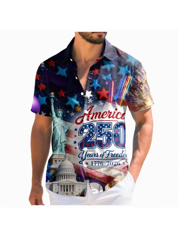Men's American Patriotic Button Shirt USA 4th of July Short Sleeve Tshirts for Men Dark Blue,M