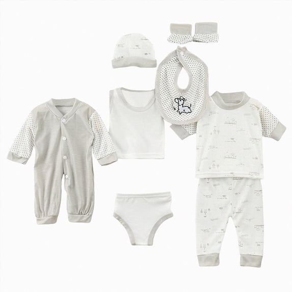 TAmten New Born Baby Girls Gift 8PCS Newborn 0-3M Boys Girls Baby Cotton Clothes Bib Tops Hat Pants Romper Sock Shoe Suit Outfit Sets OneSize Grey ,0-3 Months