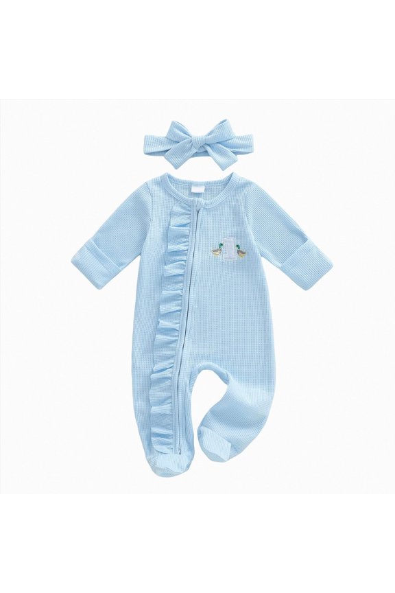 Newborn Baby Romper Infant Girl One-piece Outfit Waffle Ruffle Zip Footie Duck Pattern Spring Summer Clothes With Bow Headband BU1|12-18 Months