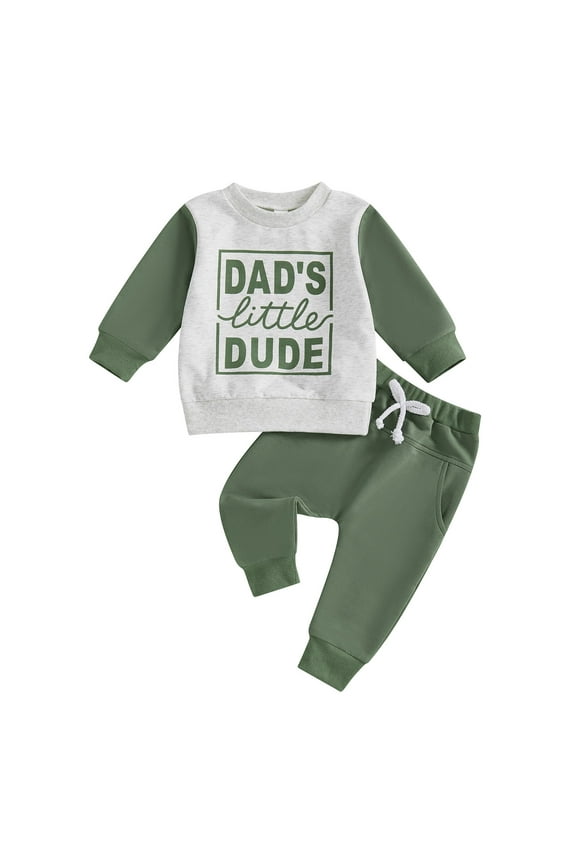 Outfit Boy Fall Winter Clothes Dads Little Dude Long Sleeve Shirt + Pants Set Tops + Joggers Pants Outfit Set(Green,12-18 Months)