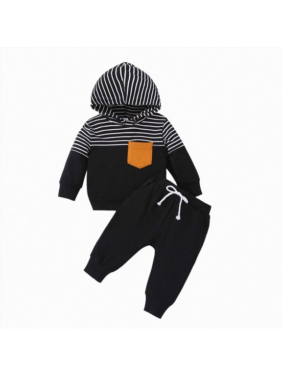 Newborn Outfit Boy Fall Winter Clothes Letter Graphic Long Sleeve Sweatshirt Pullover Newborn 2Pcs Set(Black,6-12 Months)