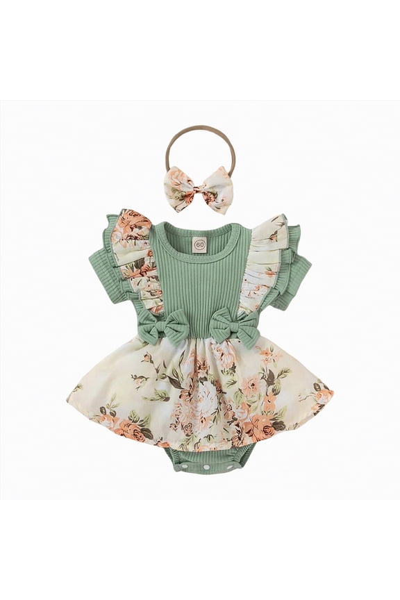 Preemie Baby Girl Clothes Newborn Romper Dress Infant Lace Ruffle Sleeveless Summer Outfits with Headband(Light Green,9-12 Months)