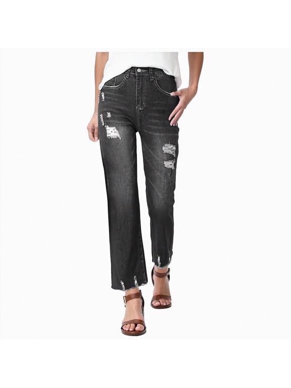 Straight Leg Women High Waisted Stretchy Frayed Raw Hem Loose Denim Pants Casual Baggy Jean Trousers