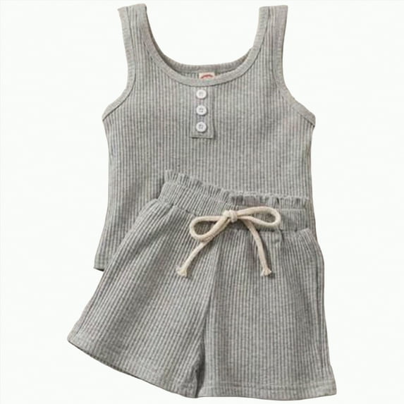 TAmten Toddler Baby Girl T Shirt Shorts Set Waffle Bow Sleeveless Slip Ruffle Tops Matching Outfit Spring Summer Clothes(Grey,18-24 Months)