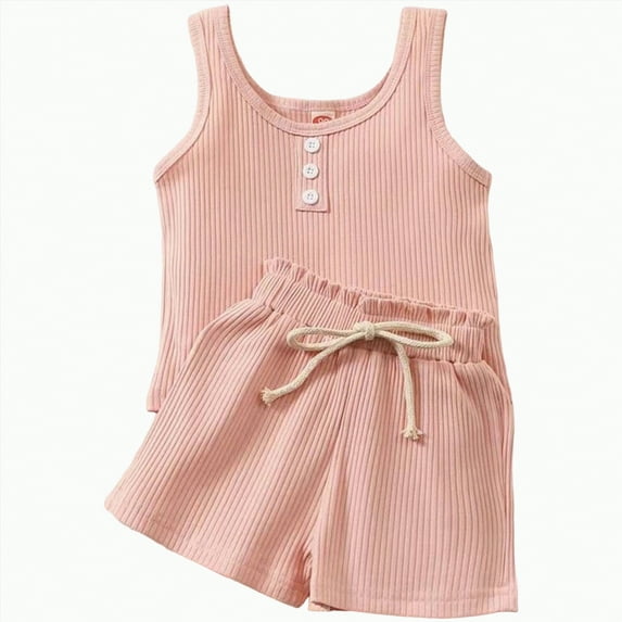TAmten Toddler Baby Girl T Shirt Shorts Set Waffle Bow Sleeveless Slip Ruffle Tops Matching Outfit Spring Summer Clothes(Pink,3-4 Years)