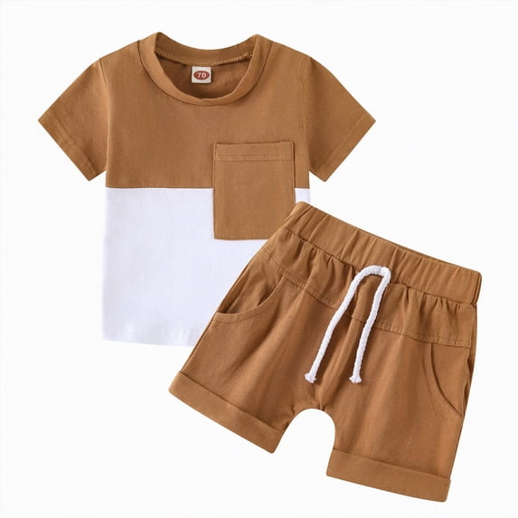 TAmten Toddler Boy Clothes 18-24 Months Baby Toddler Boy Clothes Summer Outfits 6 12 18 24 Months Patchwork Short Sleeve T Shirt & Shorts Sets with Pockets(Coffee,2-3 Years)