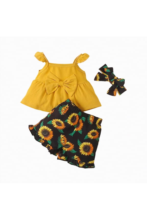 Toddler Girl Clothes Baby Girl Summer Outfits Ruffle Sleeveless Shirts Tops Shorts Set for Girl Clothing(Yellow,12-18 Months)