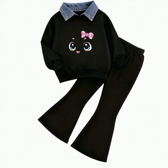 TAmten Toddler Girl Set 2t 2-7 T Kids Toddler Girl Clothes Letter Print Sweatshirt/Hoodie Flared Pants 2Pc Outfits Set(Black,2-3 Years)