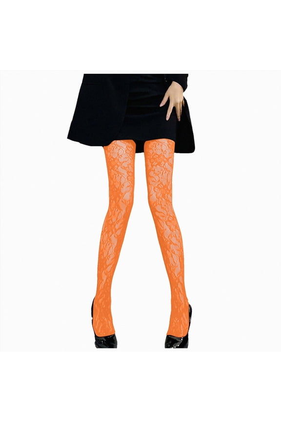 Women Floral Lace Tights Patterned Fishnet Stockings Tights Cute Pantyhose Leggings Size One Size,Orange