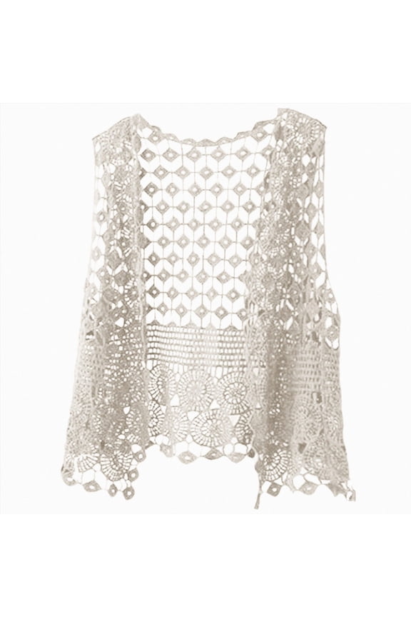 Women Open Stitch Cardigan Boho Sleeveless Summer Hollow Out Solid Crochet Vest Beige,One Size