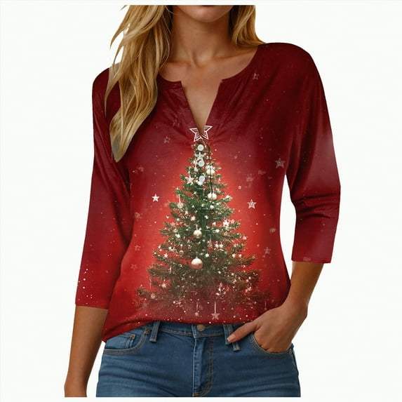 TAmten Womens Christmas Tree V Neck Shirt Funny Xmas Tree Plaid Graphic 3/4 Sleeve Tee Winter Holiday Family Party Matching Tops(Red,3XL)