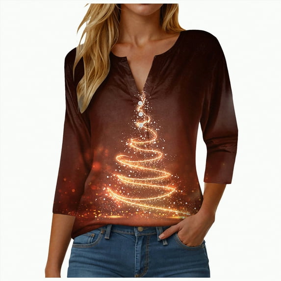 TAmten Womens Merry Christmas 3/4 Sleeve Shirt Funny Xmas Buffalo Plaid Letter Printed Tree Graphic Tee Winter Holiday Top(Brick Red,M)