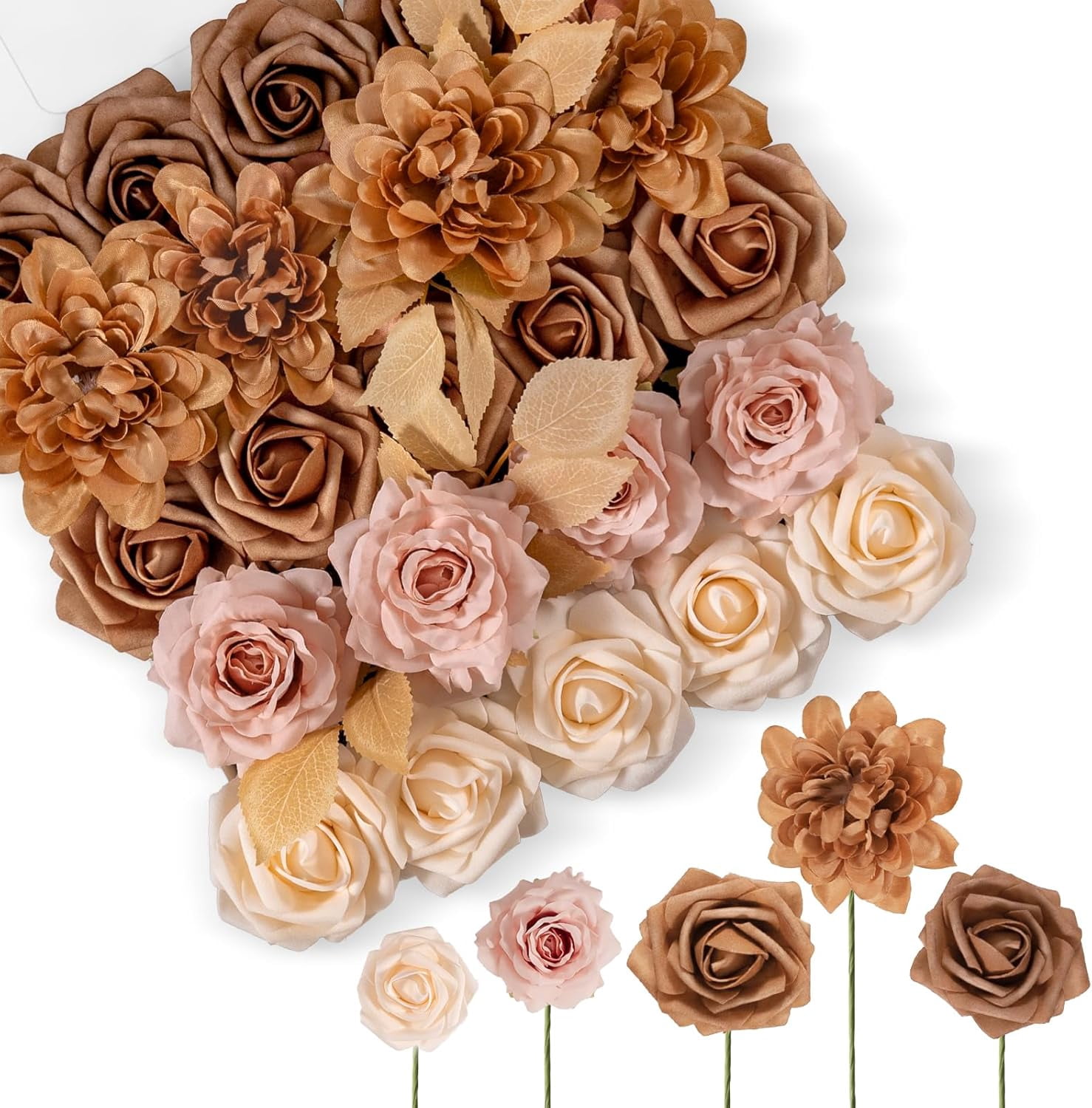TArtificial Flowers, Fake Rose Silk Dahlia with Stems for DIY Bridal Wedding Bouquets Baby Shower Floral Arrangements Centerpiece Table Party Home Decorations(Dark Milk Tea)