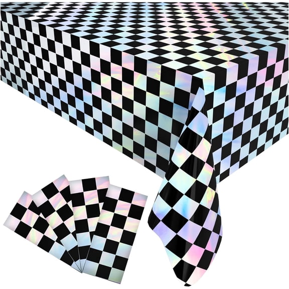 TB-4 Pack Gingham Plastic Tablecloths Disposable Table Cover Sparkly Foil Table Cloth for Rectangle Tables Party Decorations Birthday Princess Bridal Wedding Christmas Black and Silver, 54 x 108 Inch