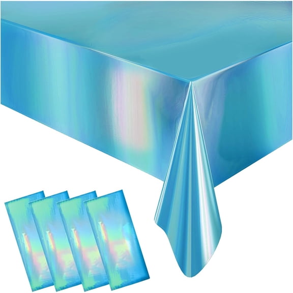 TB-4 Pack Iridescent Plastic Tablecloths Disposable Table Cover Sparkly Foil Table Cloth for Rectangle Tables Party Decorations Birthday Princess Bridal Wedding Christmas Blue, 54 x 108 Inch