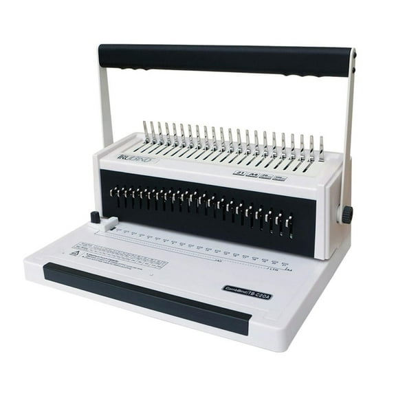 TB-C20A: TruBind Manual Spiral Coil Binding Machine, Manual Punch, Manual Comb Spreader/Closer, Disengageable Pins, White and Black