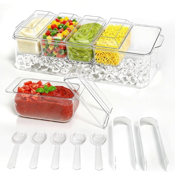 TB-Condiment Tray, Chilled Condiment Server, Bar Garnish Holder with Removable Trays, Clear, 5 Spoons and 2 Tongs