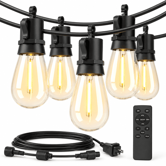 TB-Outdoor String Lights, LED Patio Lights with Remote, Waterproof Dimmable Hanging Lights with Shatterproof S14 Bulbs for Backyard Gazebo Pergola, 100Ft
