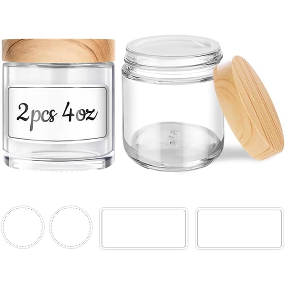TB-Small Glass Jars with Lids, 4 oz Glass Jars with Plastic Woodgrain Lids & Inner Liners, Reusable Travel Cosmetic Containers for Creams, Makeup, Lotion, Spice- 2 pack