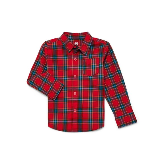 Wonder Nation Toddler Boys' Plaid Button Up Shirt with Long Sleeves, Sizes 12M-5T