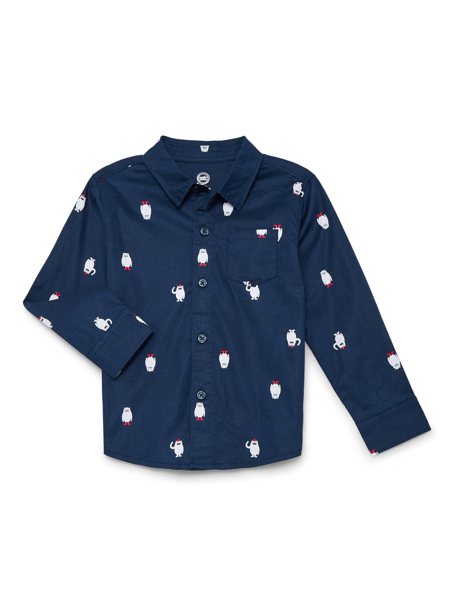 Wonder Nation Toddler Boys' Print Button Up Shirt with Long Sleeves, Sizes 12M-5T