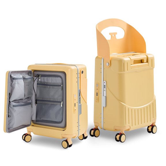 TBAU Ride-On Suitcase for Kids with Foldable Seat,20"Front-Opening Luggage with USB & Type-C Ports, TSA Lock,Yellow