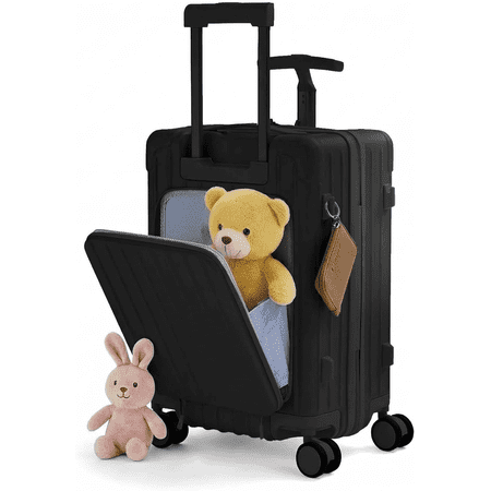 TABU Ride-On Suitcase for Kids with Seat, Front Opening Carry-On Luggage, 360° Lockable Spinner and TSA Lock, Black