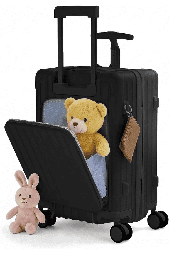 TBAU Ride-On Suitcase for Kids with Seat, Front Opening Carry-On Luggage, 360° Lockable Spinner and TSA Lock, Black