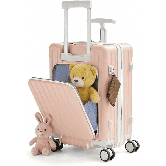 TABU Ride-On Suitcase for Kids with Seat, Front Opening Carry-On Luggage, 360° Lockable Spinner and TSA Lock, Pink