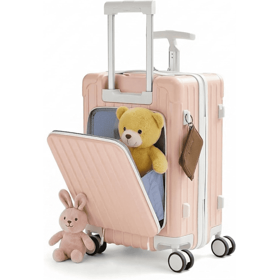 TBAU Ride-On Suitcase for Kids with Seat, Front Opening Carry-On Luggage, 360° Lockable Spinner and TSA Lock, Pink