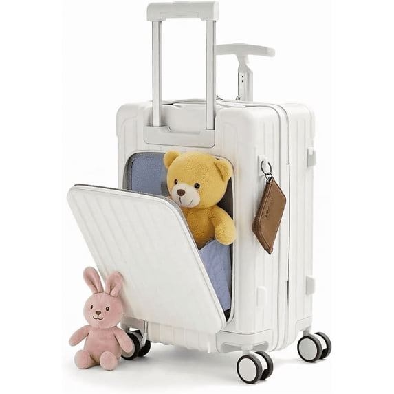 TABU Ride-On Suitcase for Kids with Seat, Front Opening Carry-On Luggage, 360° Lockable Spinner and TSA Lock, White