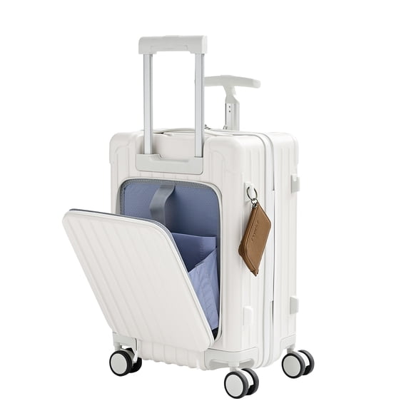 TBAU Ride-On Suitcase for Kids with Seat, Front Opening Carry-On Luggage, 360° Lockable Spinner and TSA Lock, White